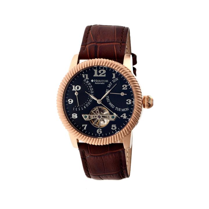 Heritor Automatic Piccard Mens Semi-skeleton Leather Date-rose Gold/black Watches