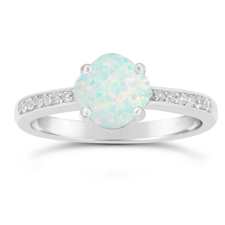 Womens Lab Created White Opal Sterling Silver Halo Ring