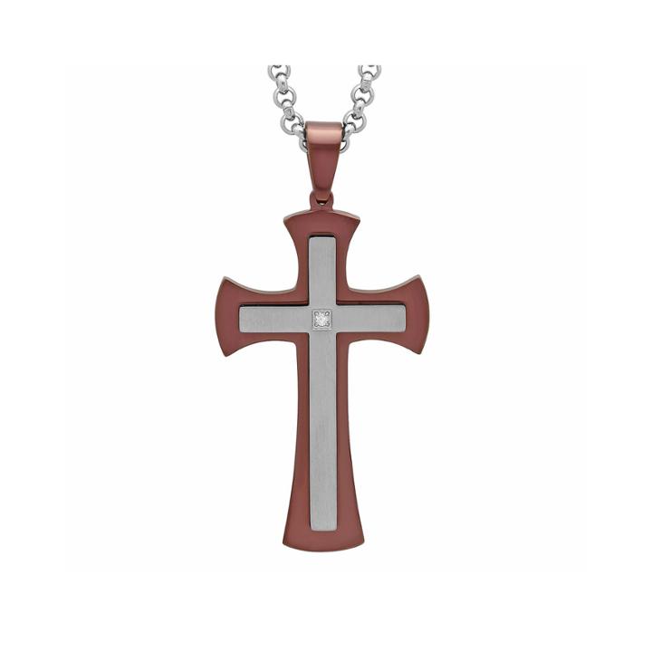 Mens Diamond-accent Brown Ion-plated Stainless Steel Stacked Cross Pendant Necklace