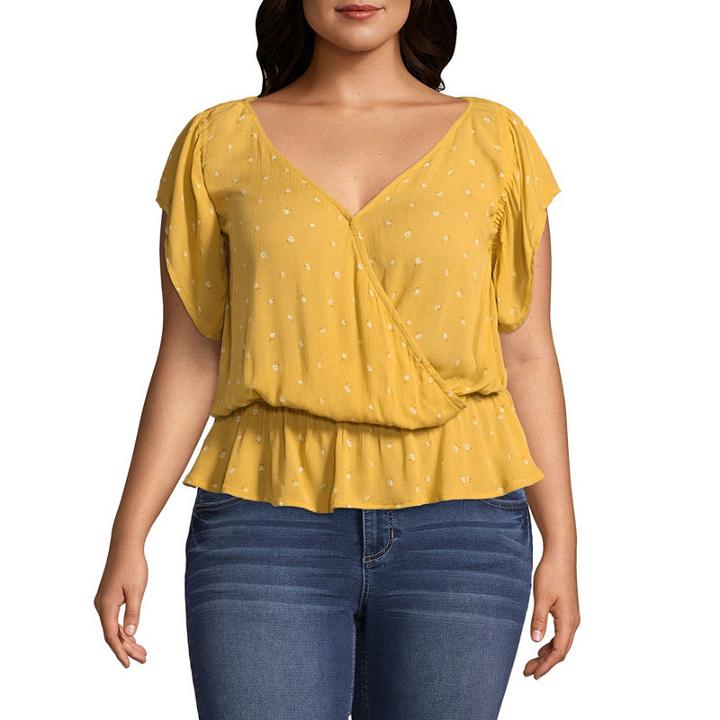 Arizona Short Sleeve V Neck Gauze Blouse-juniors Plus