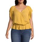 Arizona Short Sleeve V Neck Gauze Blouse-juniors Plus