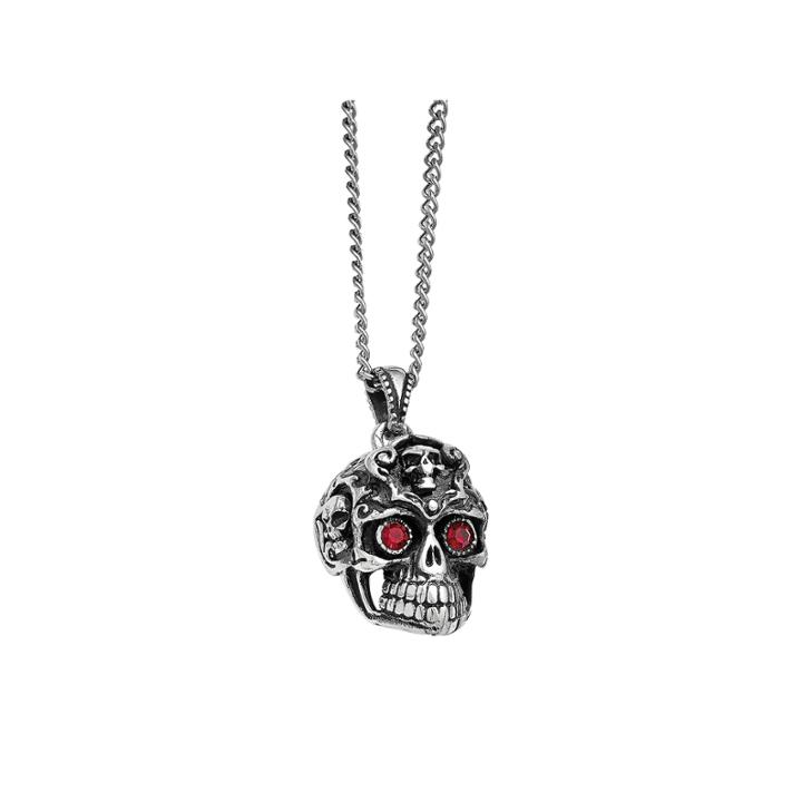 Mens Stainless Steel Antiqued Red Crystal Skull Pendant