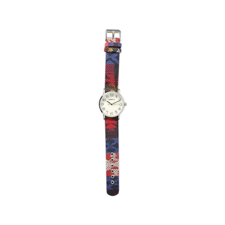 Olivia Pratt Womens Silver-tone Faux Mop Dial Blue-red Patterned Fabric Strap Watch 10352tr