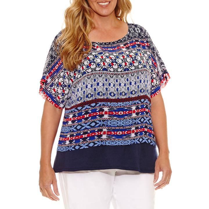 Lark Lane Summer Spirit Short Sleeve Scoop Neck Georgette Blouse-plus