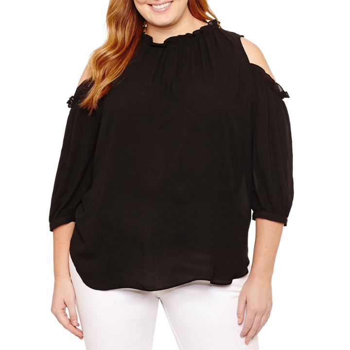Worthington 3/4 Sleeve Cold Shoulder Woven Blouse-plus