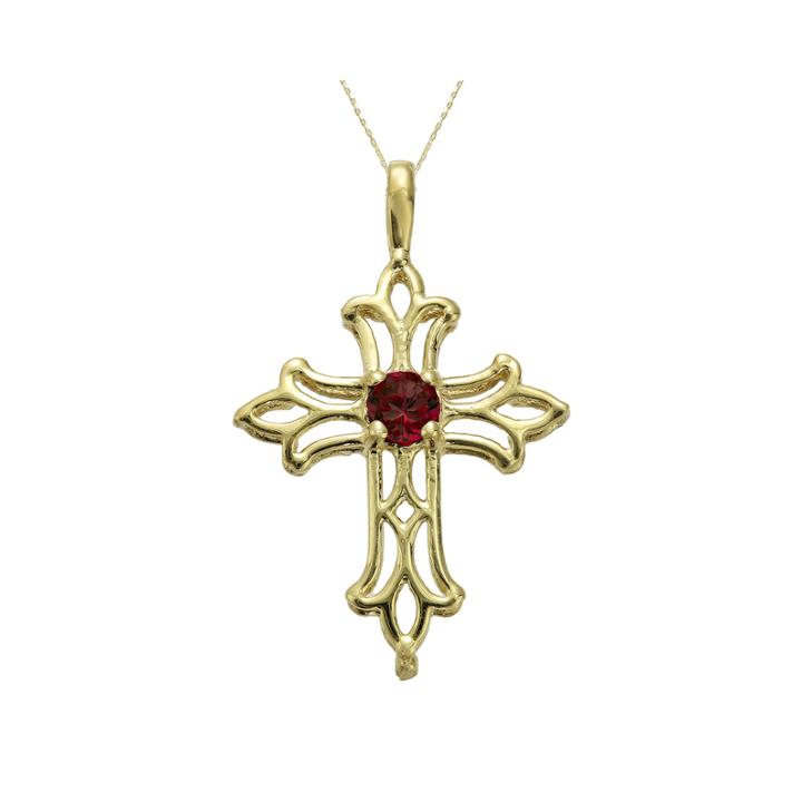 Genuine Garnet 10k Yellow Gold Cross Pendant Necklace