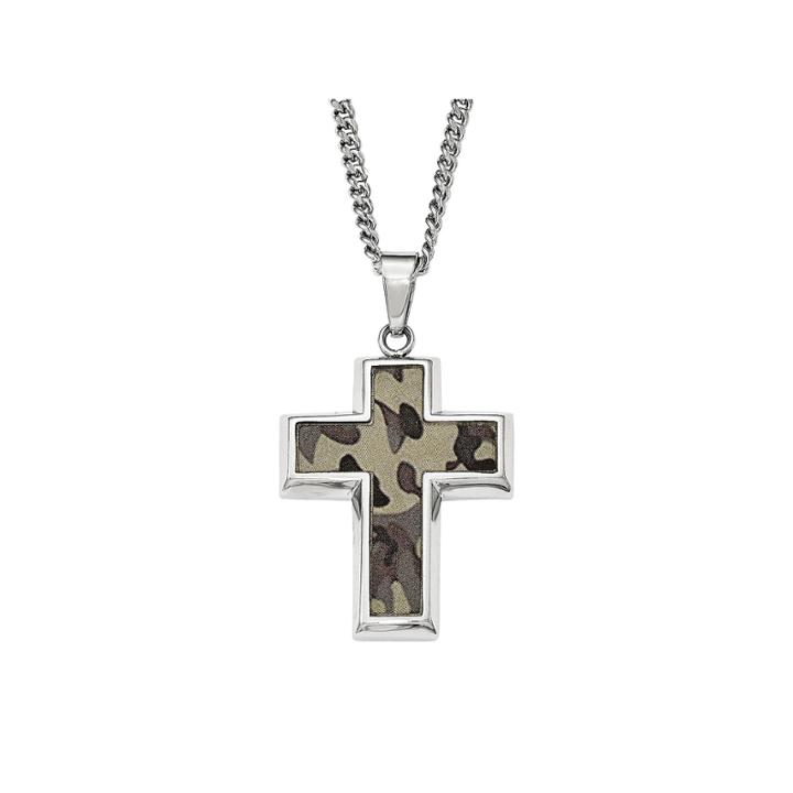Mens Stainless Steel Brown Camouflage Cross Pendant
