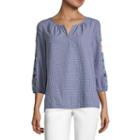 Liz Claiborne Embroidered 3/4 Sleeve Gingham Peasant Top