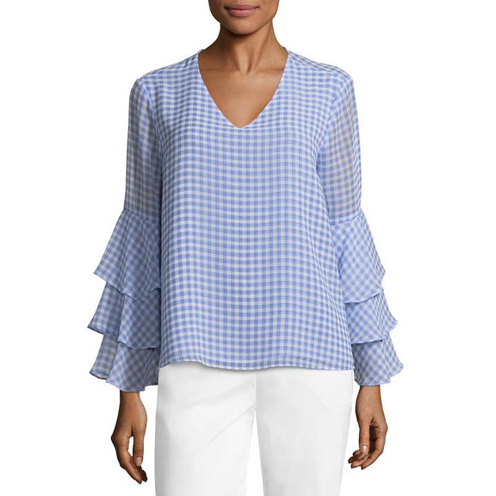 Liz Claiborne Tiered Bell Sleeve V Neck Gingham Blouse