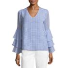 Liz Claiborne Tiered Bell Sleeve V Neck Gingham Blouse