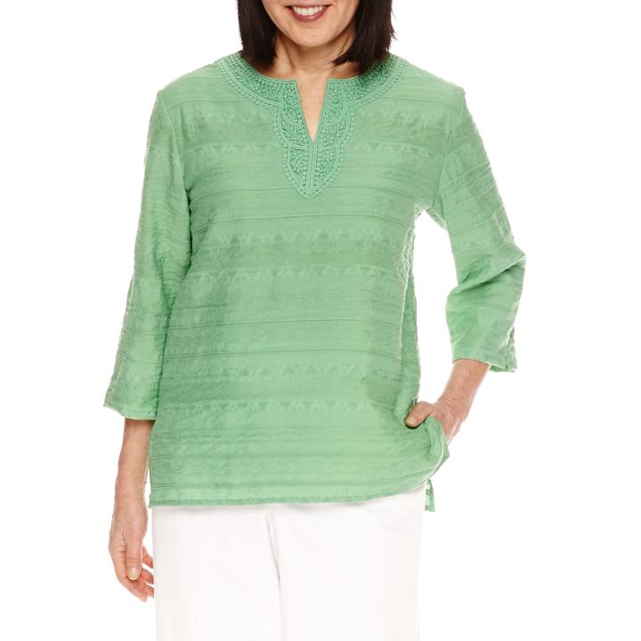 Alfred Dunner Bahama Bays 3/4 Sleeve Lace Yoke Tunic Top