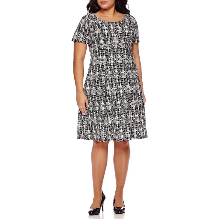 Alyx Short-sleeve Textured Fit-and-flare Dress With Necklace - Plus