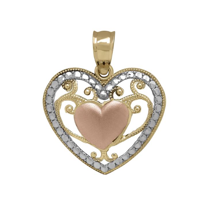 Tesoro&trade; 14k Tri-color Puff Filigree Heart Pendant