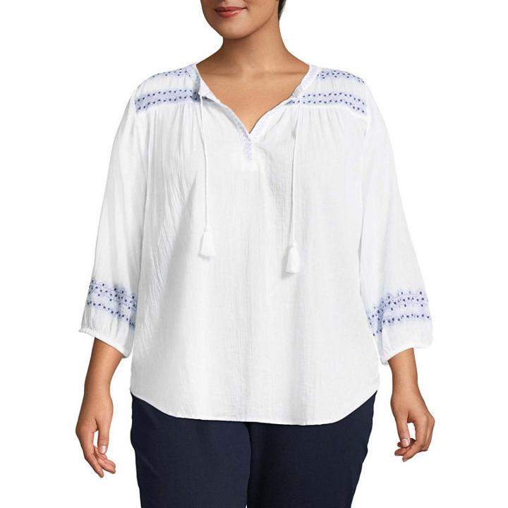 Liz Claiborne Embroidered Peasant Blouse - Plus