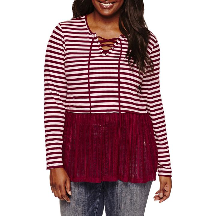 Embossed 3/4 Sleeve Stripe Blouse-juniors Plus
