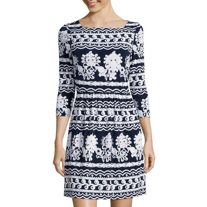 Trulli 3/4-sleeve Scroll Embossed Fit-and-flare Dress