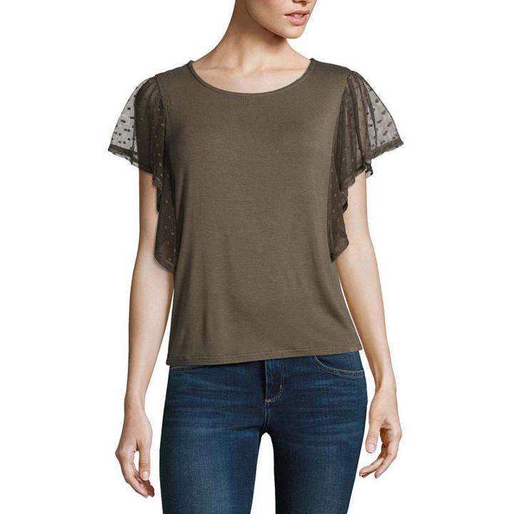 Wallflower Short Sleeve Crew Neck Jersey Ruffled Blouse-juniors