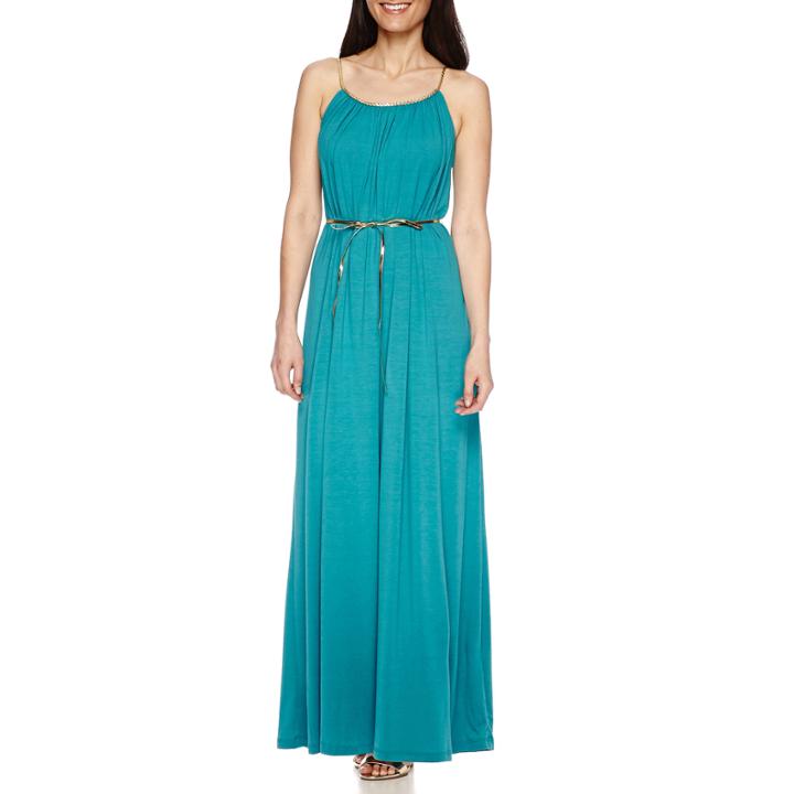 Tiana B. Sleeveless Belted Gold Trim Maxi Dress