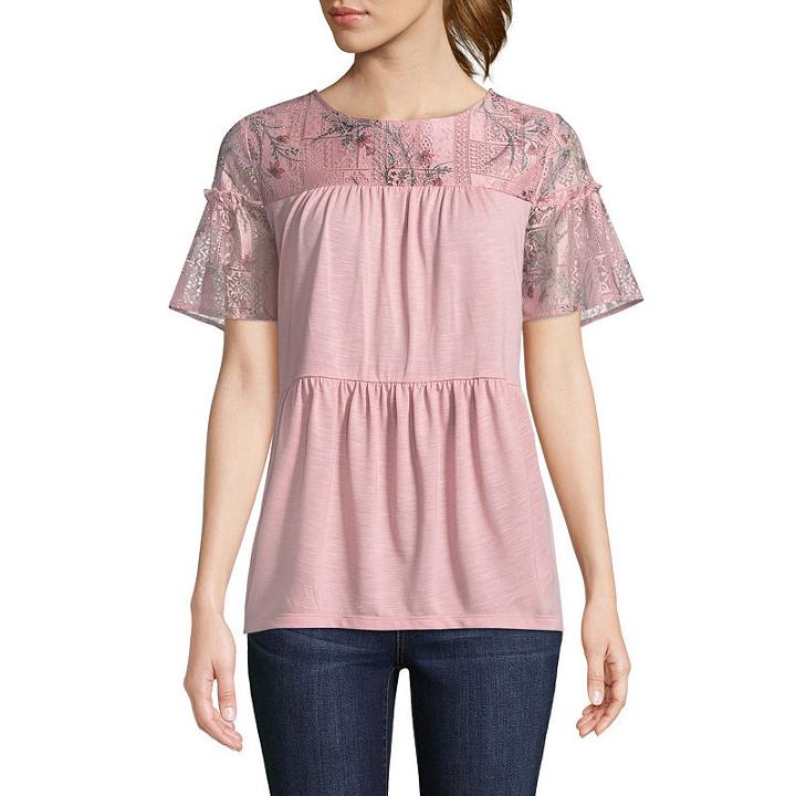 St. John's Bay Short Sleeve Lace Tiered Top - Tall