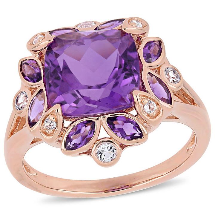 Womens Genuine Amethyst Purple 18k Rose Gold Over Silver Cocktail Ring