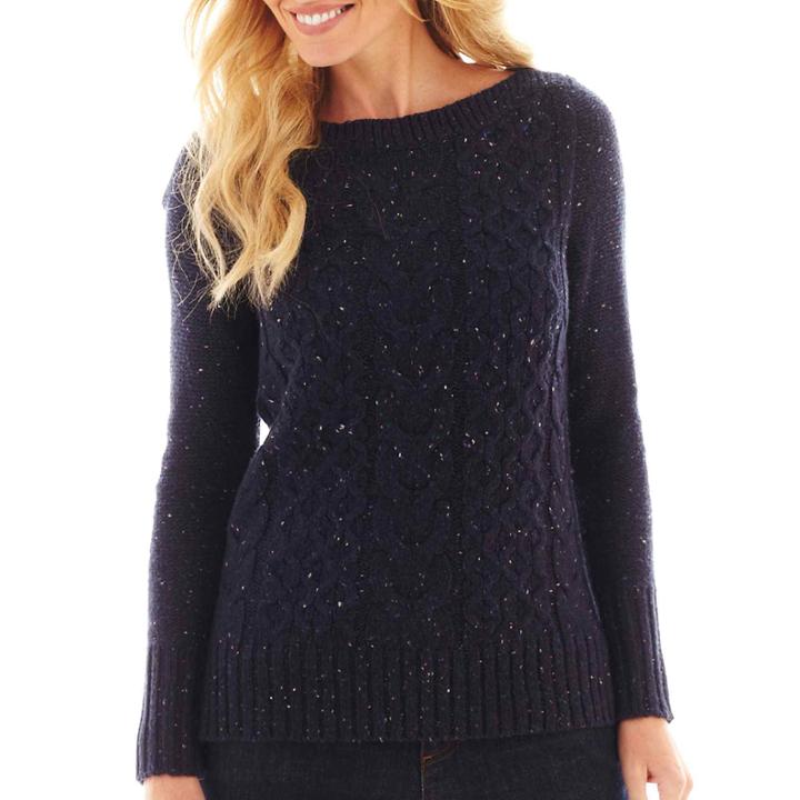 St. Johns Bay Long-sleeve Boatneck Cable Sweater - Petite