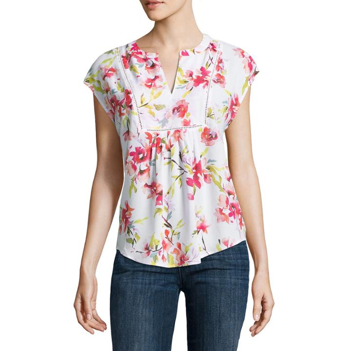 Liz Claiborne Sleeveless Split Crew Neck Woven Floral Blouse