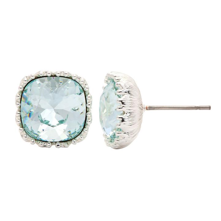 City Rocks Swarovski Cushion Blue Brass Silver Over Brass Stud Earrings