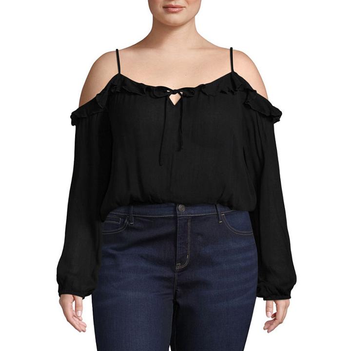 Arizona Cold Shoulder Ruffle Woven Blouse- Juniors Plus
