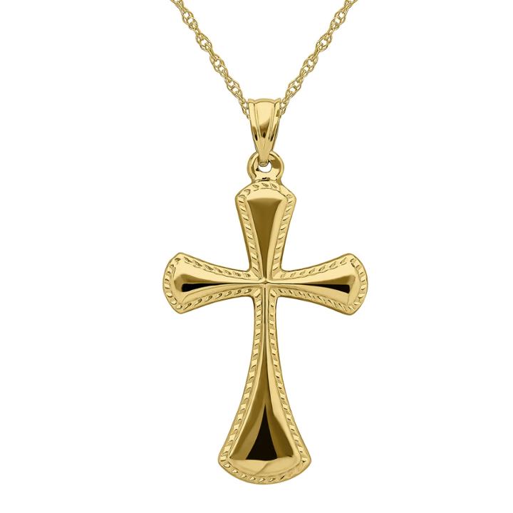Infinite Gold&trade; 14k Yellow Gold Textured-edge Cross Pendant Necklace