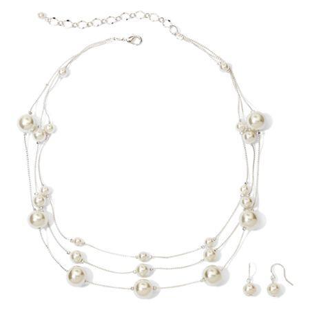 Vieste Silver-tone Pearlized Glass Bead 3-row Necklace And Earring Set