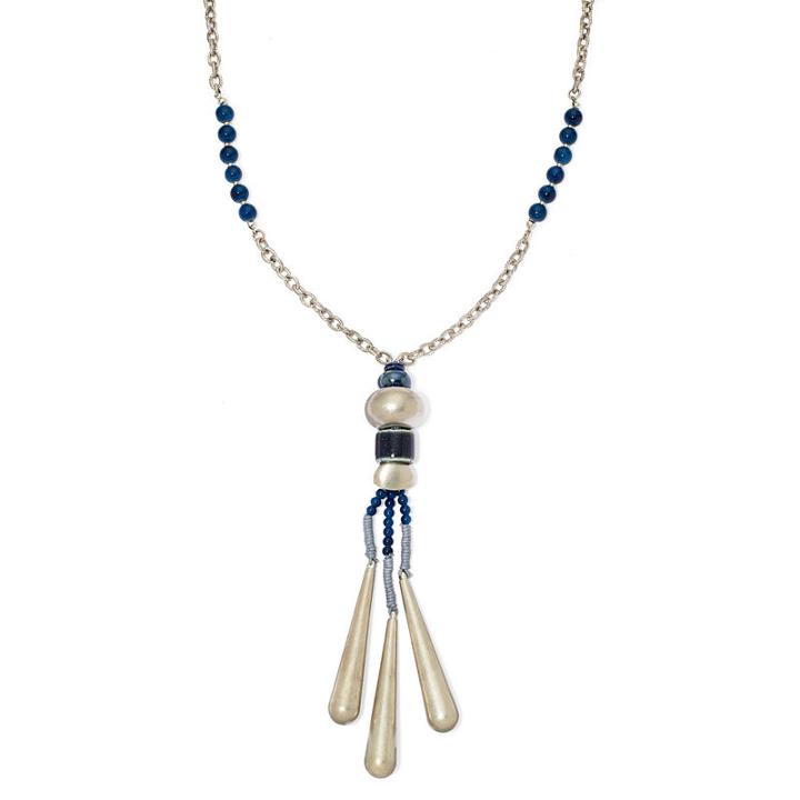 Aris By Treska Birmingham Blue Bead Silver-tone Tassel Necklace
