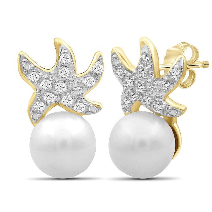 Diamond Accent White Cultured Freshwater Pearls 14k Gold Over Silver 1/2 Inch Stud Earrings