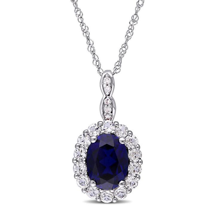Womens Diamond Accent Lab Created Blue Sapphire 14k Gold Pendant Necklace