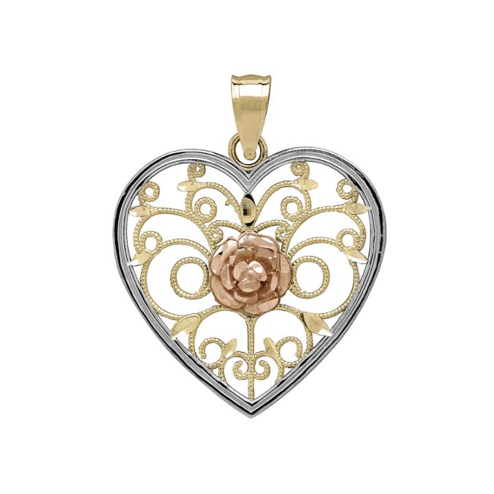 Tesoro™ 14k Two-tone Gold Rose Filigree Heart Pendant
