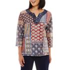 Alfred Dunner Gypsy Moon 3/4 Sleeve Split Crew Neck Patchwork T-shirt-womens