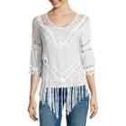 I 'heart' Ronson Elbow-sleeve Crochet Fringe Top