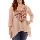 Unity World Wear 3/4 Sleeve Floral Sharkbite Hem Tee - Plus