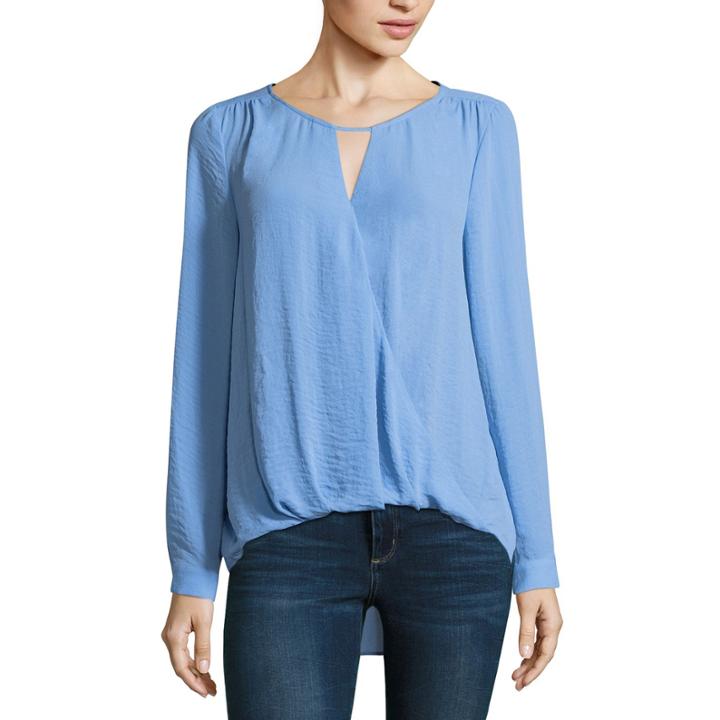 A.n.a Ana Wrap Front Choker Top Long Sleeve Keyhole Neck Woven Blouse