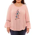 St. John's Bay 3/4 Sleeve Inset Lattice Embroidered Blouse-plus