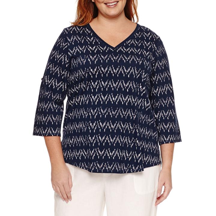 Liz Claiborne 3/4 Sleeve V Neck T-shirt-plus