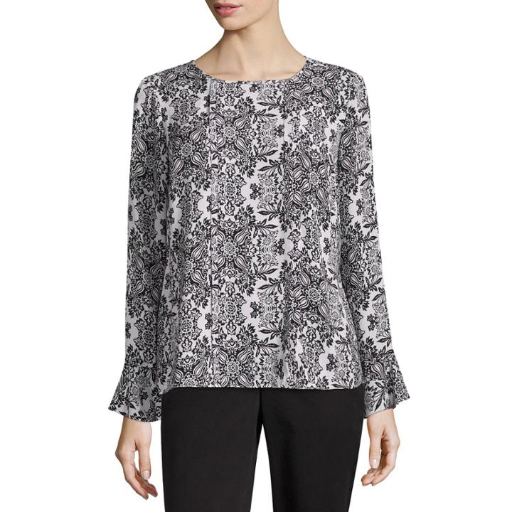 Liz Claiborne Long Sleeve Crew Neck Woven Floral Blouse-tall