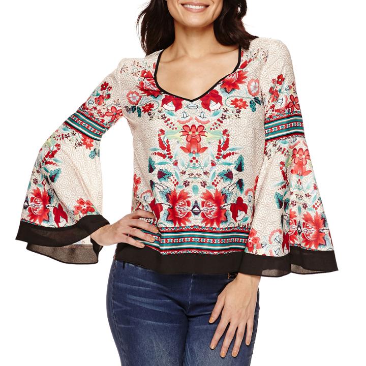 Bisou Bisou Long-sleeve Tiered Flare V-neck Top