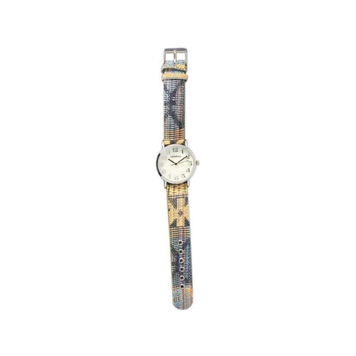 Olivia Pratt Womens Silver-tone Faux Mop Dial Yellow-grey Patterned Fabric Strap Watch 10352tr