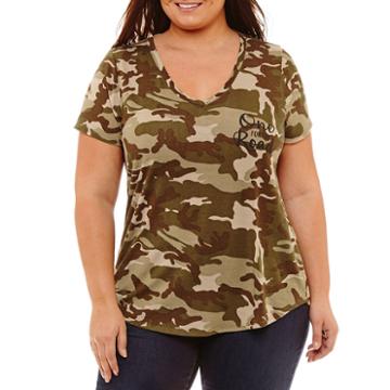 Cut And Paste Short Sleevev- Neck Camouflage T-shirt - Womens Plus