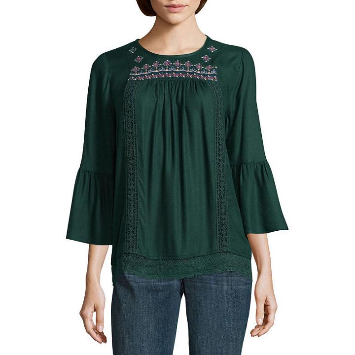 St. John's Bay 3/4 Sleeve Round Neck Woven Embroidered Blouse