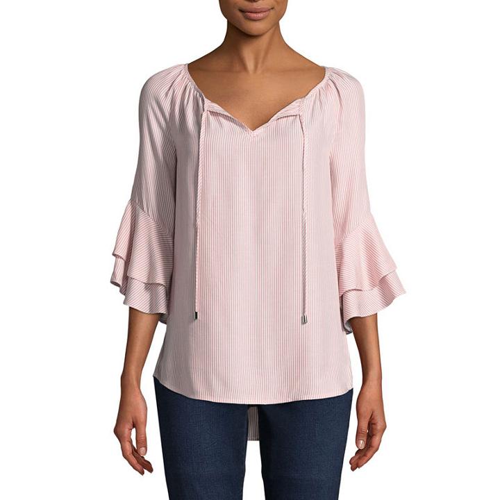 Como Blu 3/4 Sleeve Split Crew Neck Ruffled Blouse