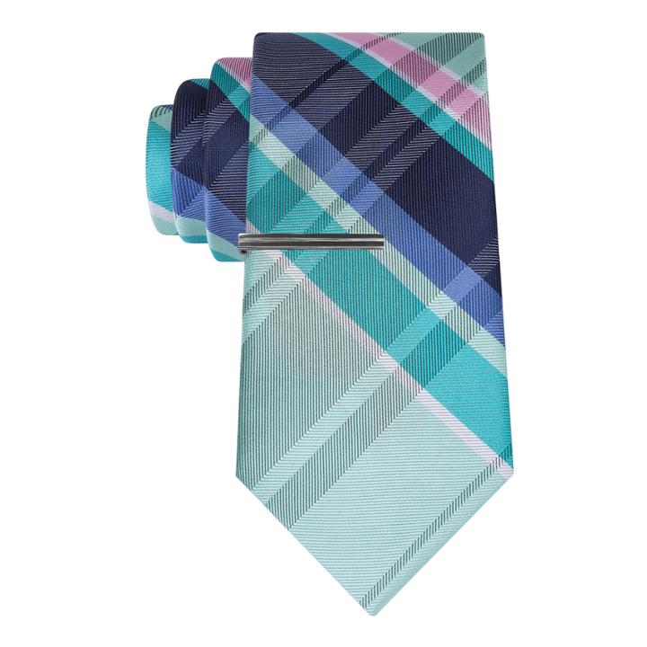 J.ferrar Navy Open Plaid Tie With Tie Bar