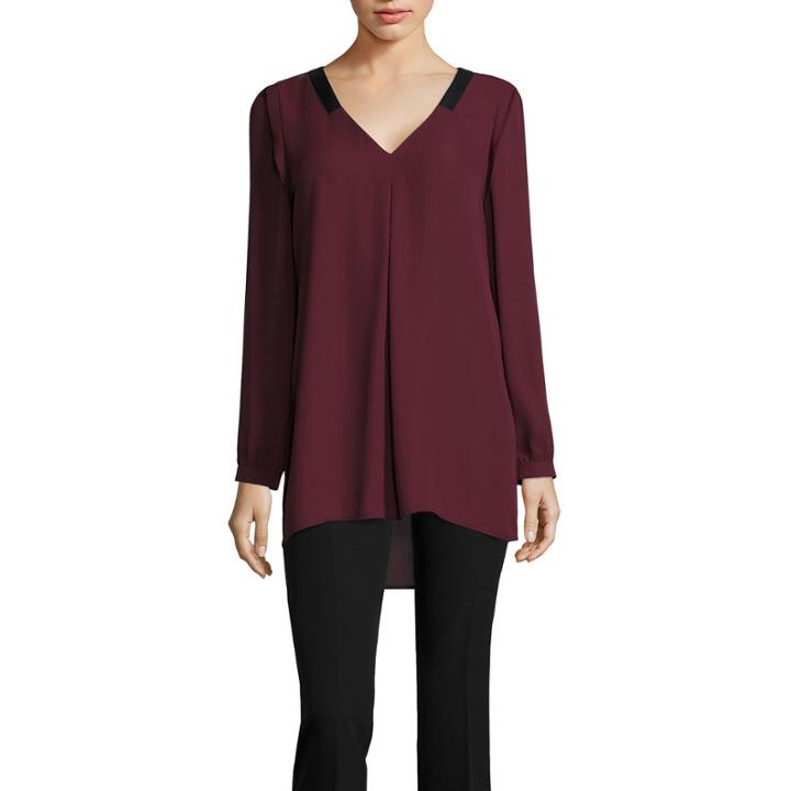 Worthington Faux-leather Neck Pleated Blouse