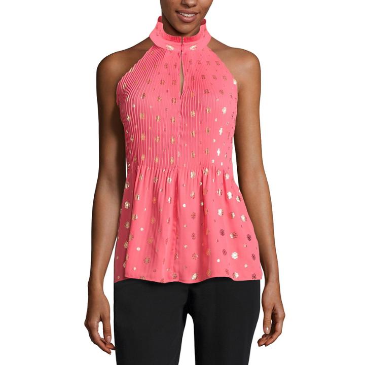 Worthington Sleeveless Mock Neck Woven Jacquard Blouse
