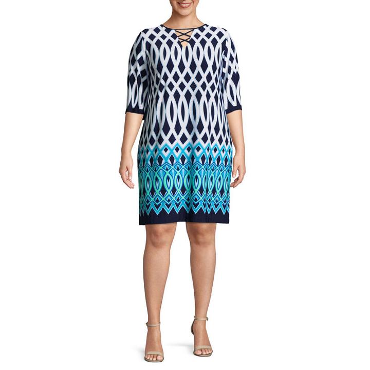 Studio 1 3/4 Sleeve Geo Linear Shift Dress-plus